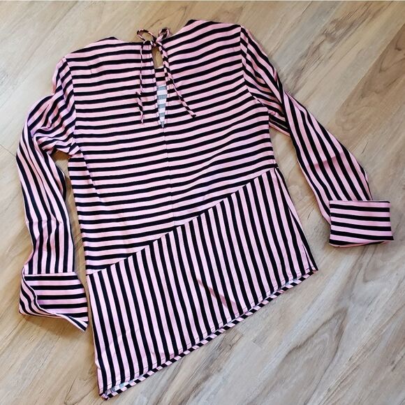 🔺️H&M Pink & Black Striped Asymmetric Hemline Rayon Blouse Size 2 - Picture 4 of 13